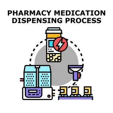 Pharmacy medication dispensing process automation and technology concept Ilustração Stock