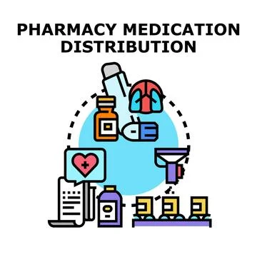 Pharmacy medication distribution process delivering healthcare products Stock Illustration