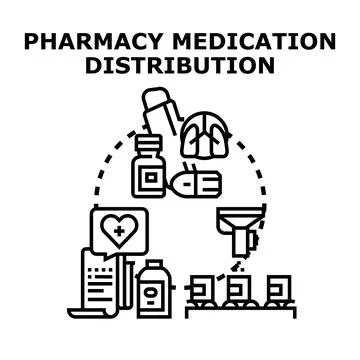 Pharmacy medication distribution process delivering healthcare products Stock Illustration