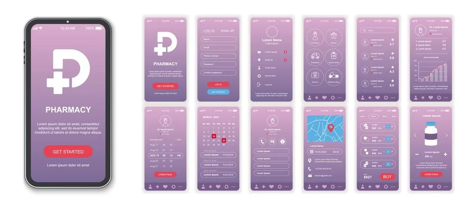Pharmacy mobile app interface screens template set. Online account, medical s Stockillustratie
