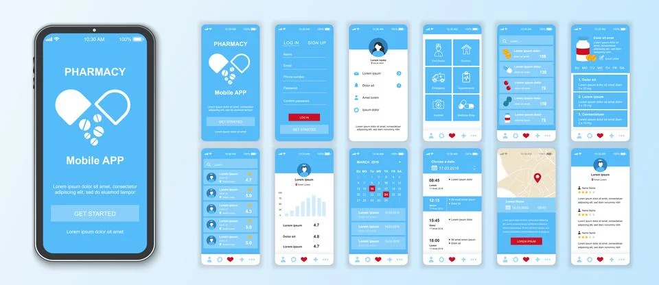 Pharmacy mobile app interface screens template set. Online account, find doct Stock Illustration