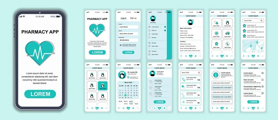 Pharmacy mobile app interface screens template set. Account login, clinic s.. イラスト素材
