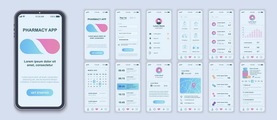 Pharmacy mobile app interface screens template set. Account login, find doc.. Stock Illustration