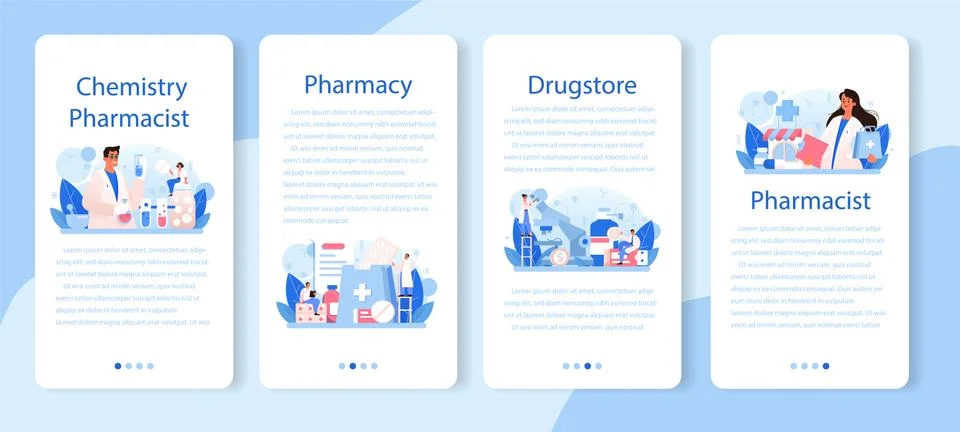Pharmacy mobile application banner set. Pharmacist preparing Stock Illustration