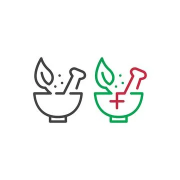 Pharmacy, mortar pestle with leaf. Vector outline icon logo template Stock Illustration