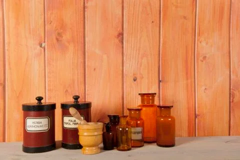 Pharmacy objects in interior Stock Photos