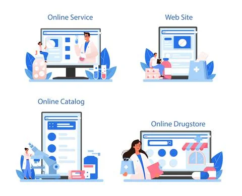 Pharmacy online service or platform set. Pharmacist preparing Stock Illustration