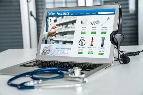On pharmacy online store on computer screen shopping for medical products snugly Foto stock