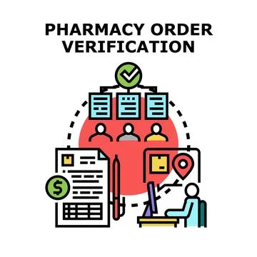Pharmacy order verification process with document payment and delivery 库存插图