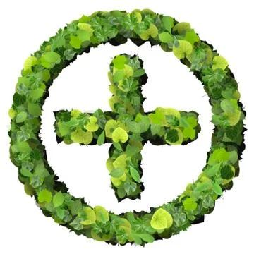 Pharmacy Plus with ring, sign made from green leaves Stock Illustration