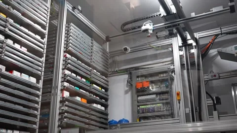 Pharmacy robot storing medication in an automatic dispensary Stock Footage 336358324