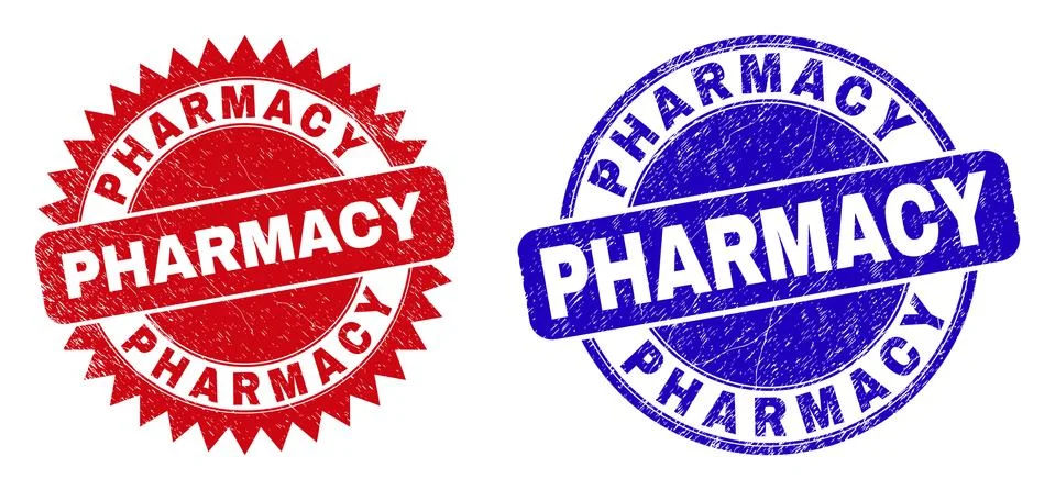 PHARMACY Rounded and Rosette Stamp Seals with Corroded Texture Stock Illustration