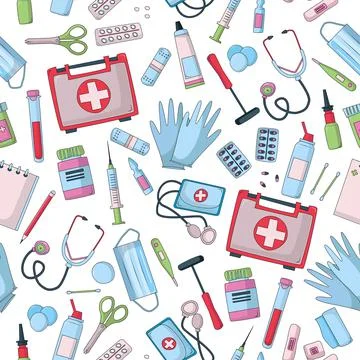 Pharmacy seamless pattern with medical items. Hospital. Stock Illustration