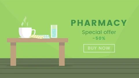 Pharmacy shop web banner vector template. Pharmaceutical products sale, 50 Stock Illustration