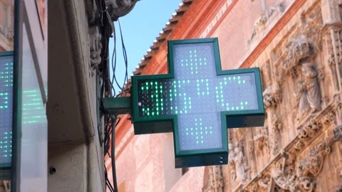 Pharmacy sign marks the temperature in degrees Celsius, 36°C Stock Footage 117846057