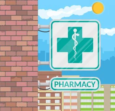 Pharmacy sign on wall. Ilustración de archivo