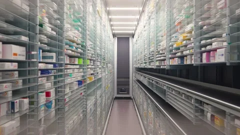 A pharmacy storage room and a robot hand are arranging and store out drugs .. Stock Footage 266173480