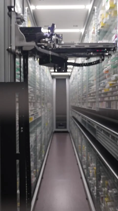 A pharmacy storage room and a robot hand are arranging and store out drugs .. Stock Footage 266175017