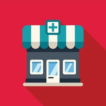 Pharmacy store building facade with striped awning Ilustración de archivo