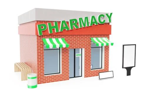 Pharmacy Store with copy space board isolated on white background. Modern shop Stock Illustration