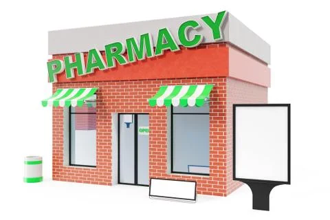 Pharmacy Store with copy space board isolated on white background. Modern shop Stock Illustration