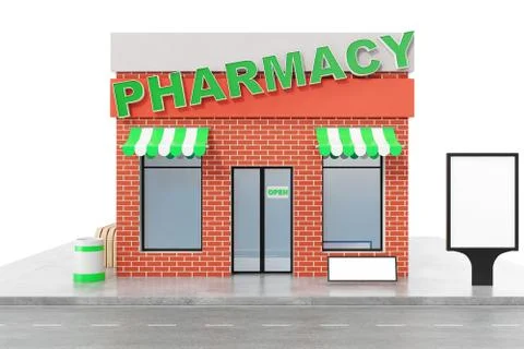 Pharmacy Store with copy space board isolated on white background. Modern shop Ilustración de archivo