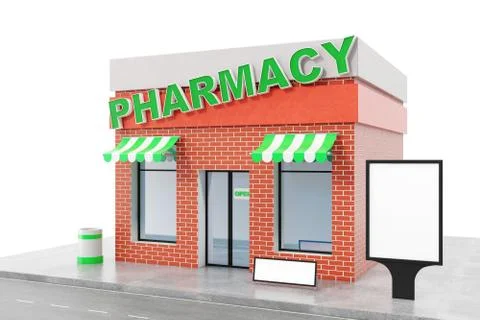 Pharmacy Store with copy space board isolated on white background. Modern shop Illustrazione stock