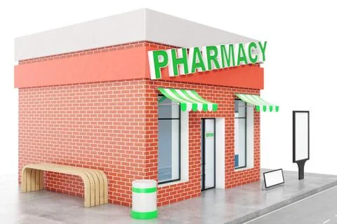 Pharmacy Store with copy space board isolated on white background. Modern shop Ilustración de archivo