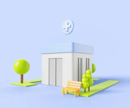Pharmacy store isometric 3d render. Drugstore building exterior with trees Ilustración de archivo