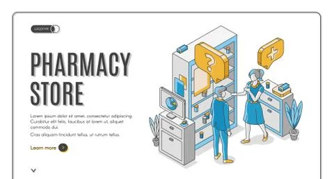 Pharmacy store isometric web banner. Healthcare Ilustración de archivo