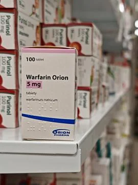 Pharmacy store-Packet of Warfarin Tablets, used to thin blood Stock Photos