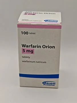 Pharmacy store-Packet of Warfarin Tablets, used to thin blood Stock Photos