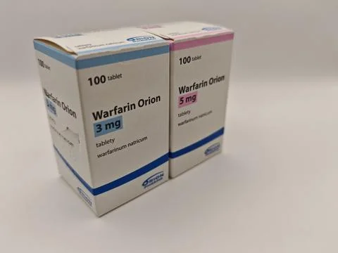 Pharmacy store-Packet of Warfarin Tablets, used to thin blood Stock Photos