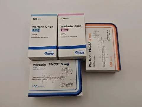 Pharmacy store-Packet of Warfarin Tablets, used to thin blood Stock Photos