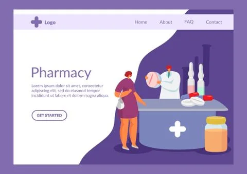 Pharmacy store vector illustration website banner, buyer and pharmacist with Stock Illustration