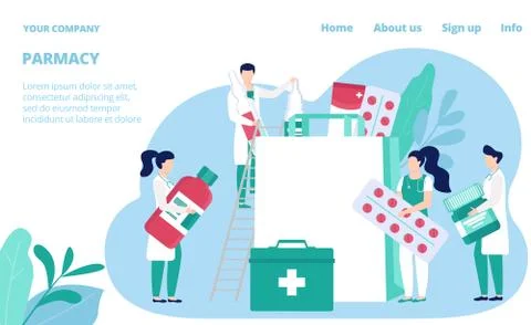 Pharmacy store website template, vector illustration. Pharmacists, druggists Stock Illustration