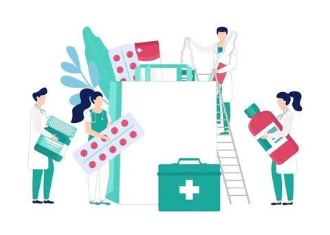 Pharmacy store website template, vector illustration. Pharmacists, druggists Stock-Illustration