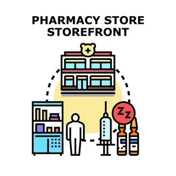 Pharmacy storefront providing medication and health services Stock Illustration