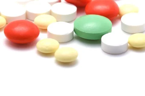 Pharmacy tablets on white macro Foto stock