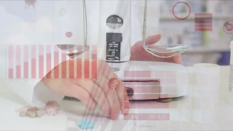 Pharmacy tech picking tablet and placing on scale, weighing while bar charts Stock Footage 326974202