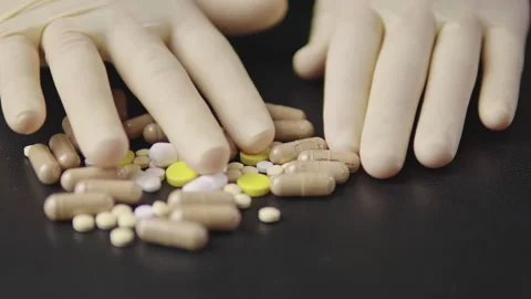 Pharmacy technician gloved hands sorting pills closeup 스톡 동영상 329171240