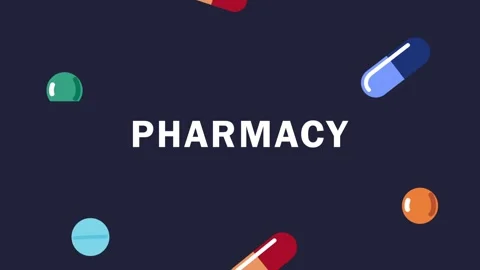 Pharmacy text sign with glitch effect and floating medical pills animation. Stock Footage 338422232