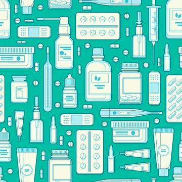 Pharmacy vector seamless pattern. Pills, drugs, bottles on blue background. D Stock Illustration