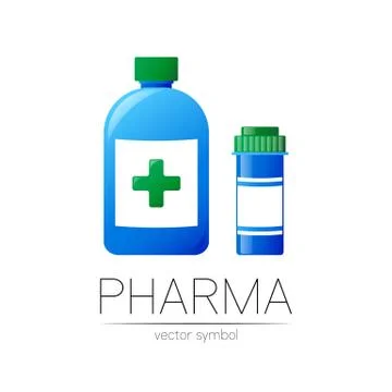 Pharmacy vector symbol with 2 blue pill bottles and cross for pharmacist, pharma Stock Illustration