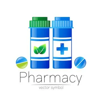 Pharmacy vector symbol with 2 blue pill bottle and tablet for pharmacist, pharma Stock Illustration