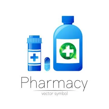 Pharmacy vector symbol with 2 blue pill bottles and cross, capsule tablet for Stock Illustration