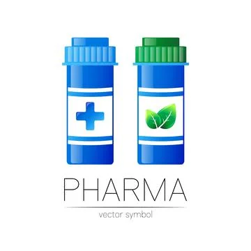 Pharmacy vector symbol with 2 blue pill bottles and green leaf, cross for Stock Illustration
