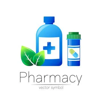 Pharmacy vector symbol with 2 blue pill bottles and cross, leaf capsule tablet Stock Illustration
