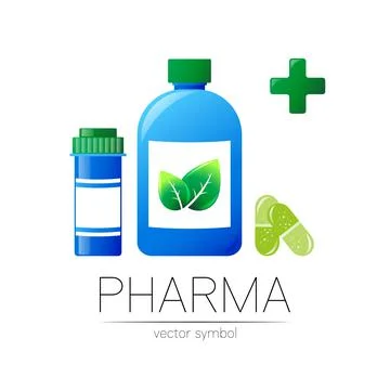 Pharmacy vector symbol with 2 blue pill bottles and cross, capsule tablet for Stock Illustration