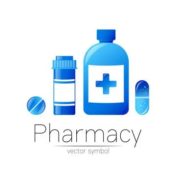 Pharmacy vector symbol with 2 blue pill bottle and tablet for pharmacist, pharma Stock Illustration